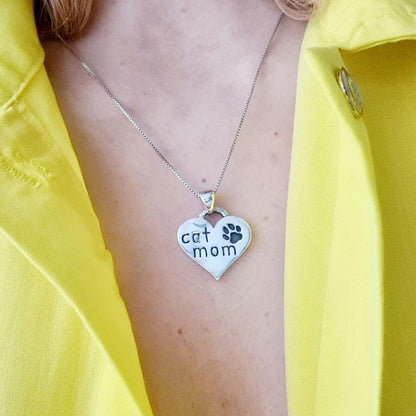 Handmade Sterling Silver Cat Mom Heart Pendant - Paw Print Charm