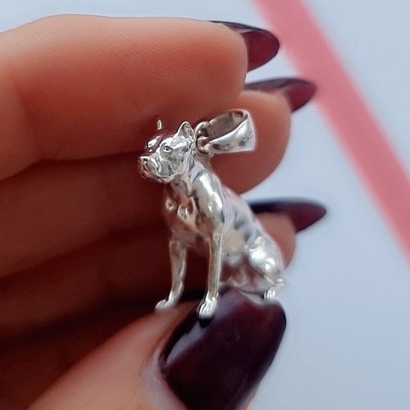 Pitbull  Sterling Silver Solid  figurine Pendant - Pitbull Gift for Lovers of the Breed
