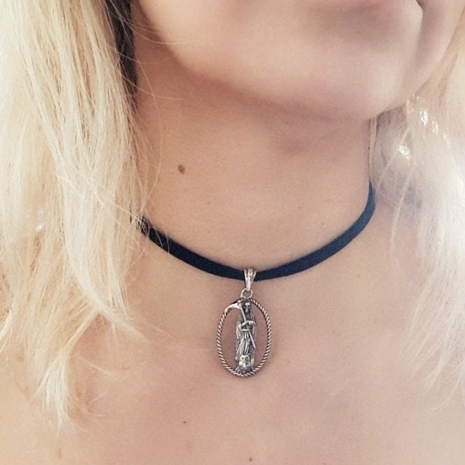 Handmade 925 Silver Santa Muerte Scythe Pendant Necklace: Gothic Style