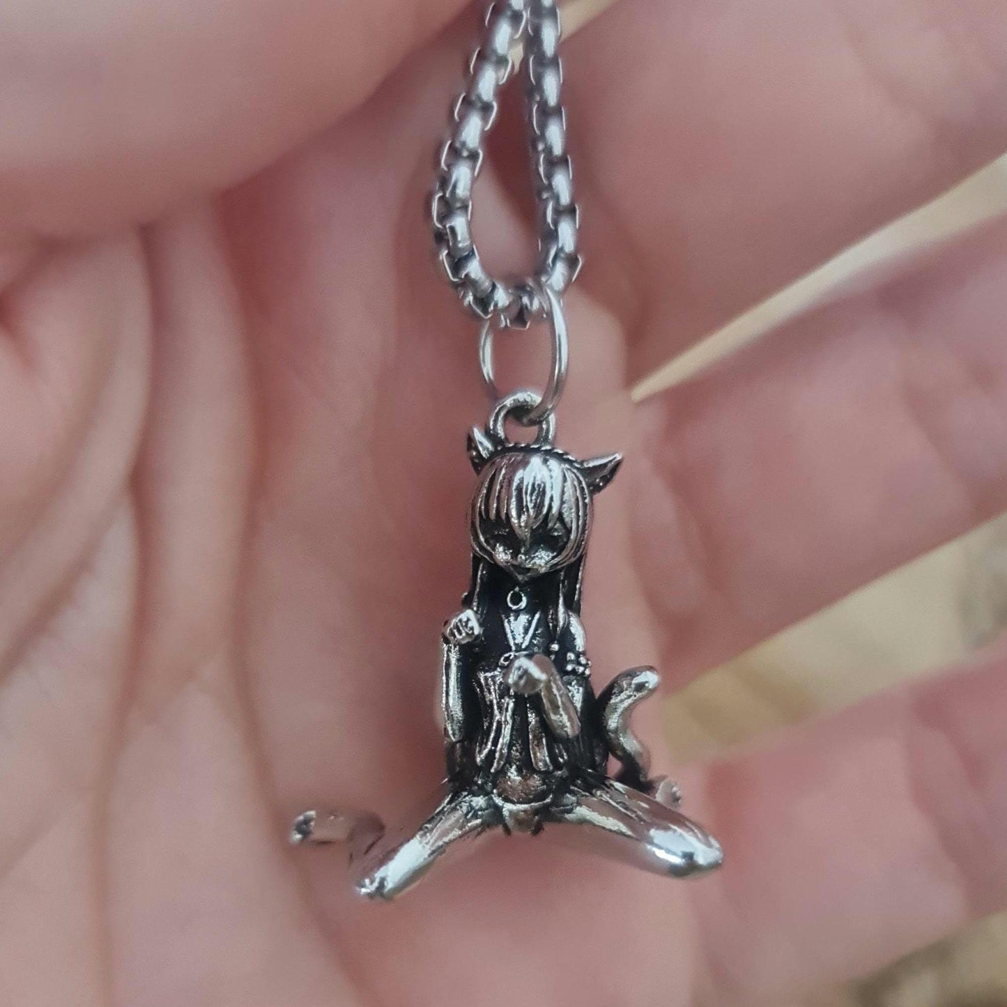 Anime Catgirl Pewter Necklace: Art Deco Cosplay Jewelry