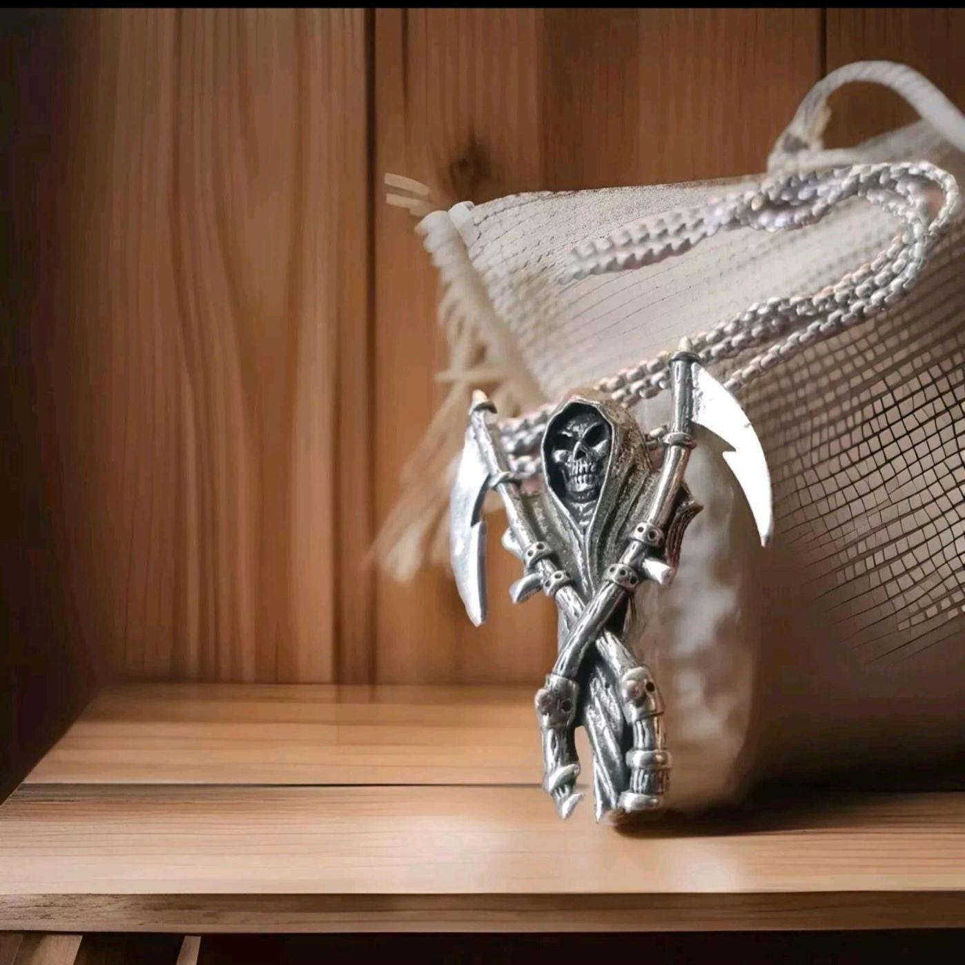 Gothic Grim Reaper Scythe skull necklace Santa Muerte necklace