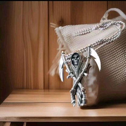 Gothic Grim Reaper Scythe skull necklace Santa Muerte necklace