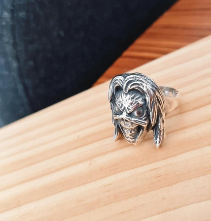 Handmade Sterling Silver Iron Maiden Killers - Eddie Skull Ring: Biker Rock Pendant