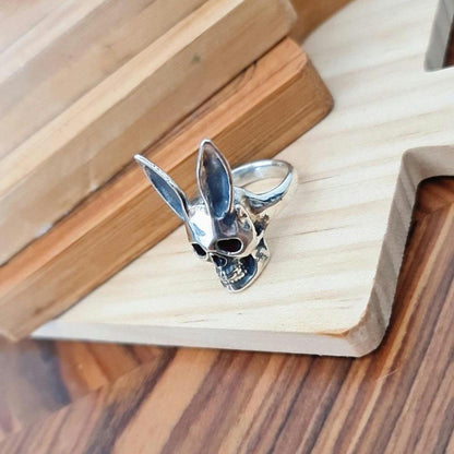 Handmade Sterling Silver Bunny Skull Ring: Gothic Statement Jewelry