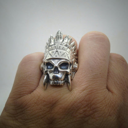 Handmade 925 Sterling Silver Native American Skull Ring: Gothic Chief Indian