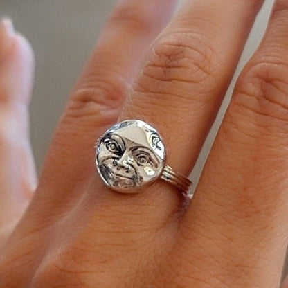 Handmade Sterling Silver Full Moon Face Ring: Celestial Jewelry