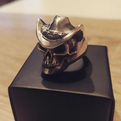 Handmade Sterling Silver Cowboy Skull Ring - Gothic Biker Jewelry