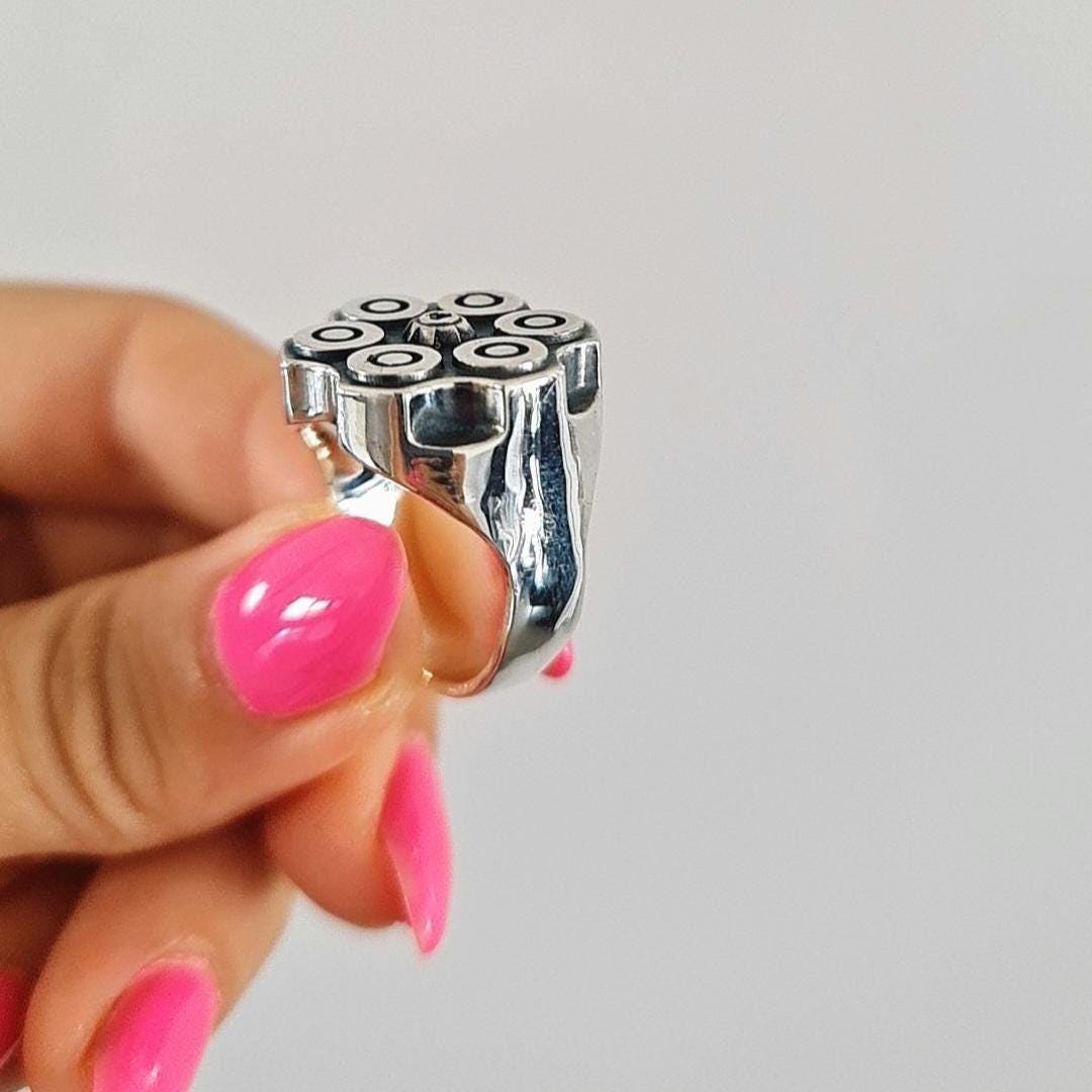 Bullet Revolver Ring - Ammo Signet Ring: Sterling Silver  Bullet Casing, Rebel Biker Style, Magnum Revolver Gun Cylinder Ring