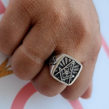 Masonic Square and Compass Symbol Ring - Solid Freemasonry Emblem for Men -925 Sterling Silver -