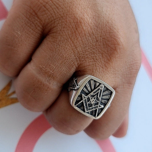 Masonic Square and Compass Symbol Ring - Solid Freemasonry Emblem for Men -925 Sterling Silver -