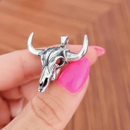 Sterling Silver Bull Skull Pendant: Native American Western Amulet