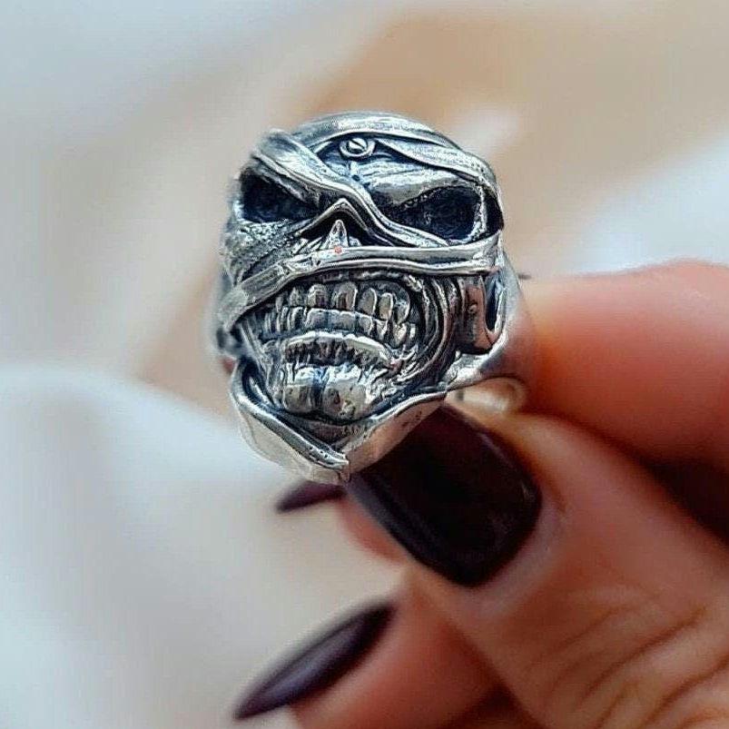 Iron Maiden Powerslave - Eddie Mummy Skull Ring – Egyptian Rock Jewelry – Unique Heavy Metal Statement Handmade Sterling Silver
