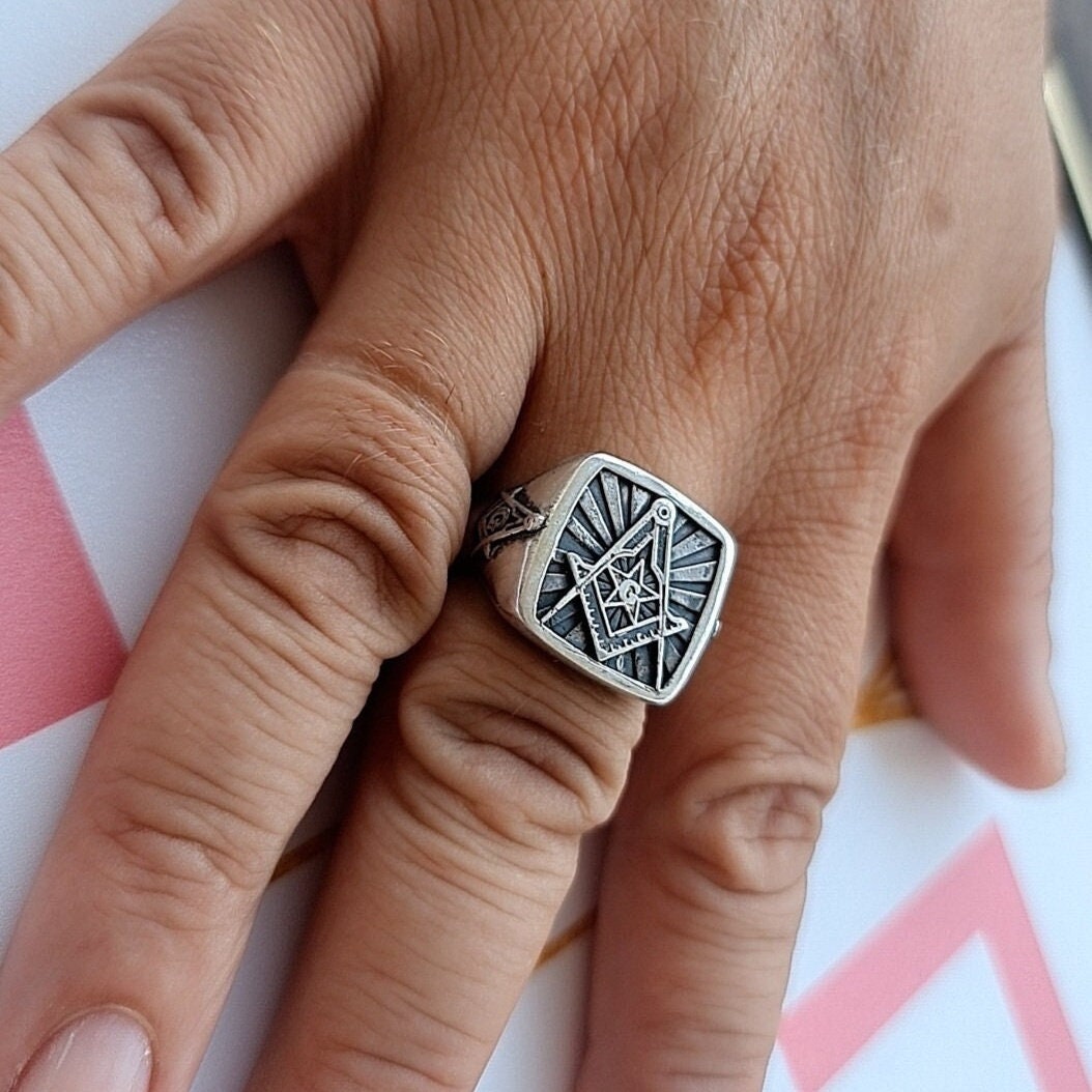 Masonic Square and Compass Symbol Ring - Solid Freemasonry Emblem for Men -925 Sterling Silver -