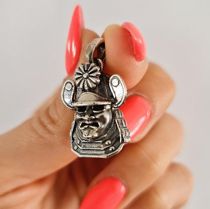 Handmade Sterling Silver Samurai Mask Pendant: Gothic Japanese Necklace