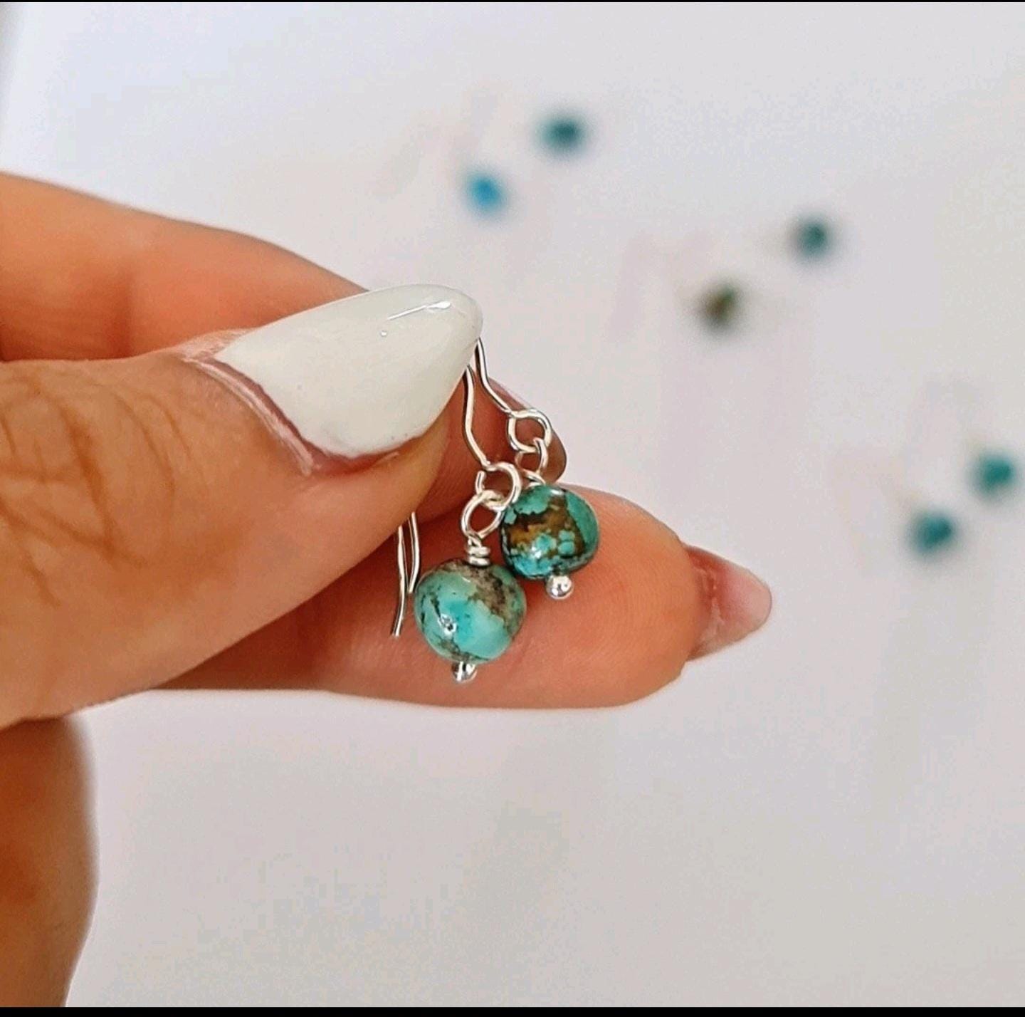 Natural Turquoise Bead Dangle Earrings – Sterling Silver Hook Earrings – Genuine Stone with Unique Matrix