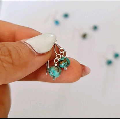 Natural Turquoise Bead Dangle Earrings – Sterling Silver Hook Earrings – Genuine Stone with Unique Matrix