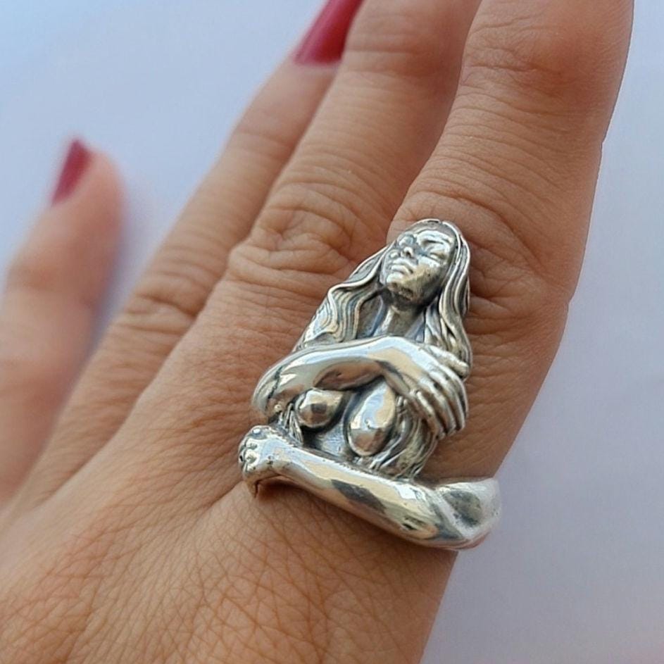 Handmade Sterling Silver Goddess Ring: Gothic Retro Statement Jewelry