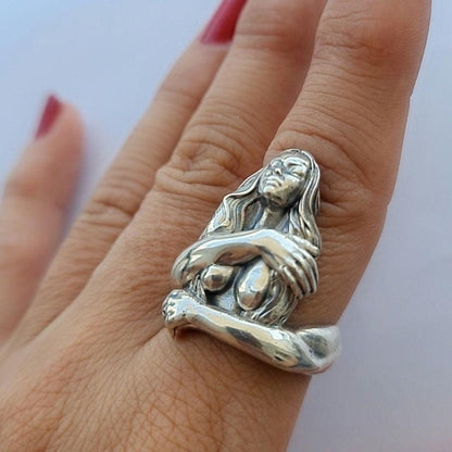 Handmade Sterling Silver Goddess Ring: Gothic Retro Statement Jewelry
