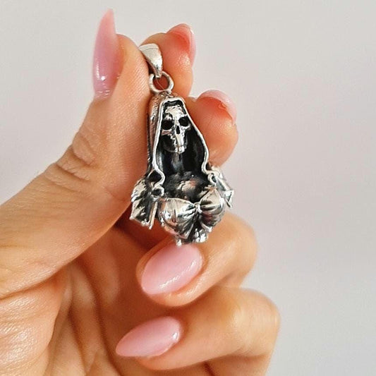 Silver Santa Muerte pendant - Skeleton Goddess in Hooded Cloak and Bow-Tied Top   Gothic Death Jewelry