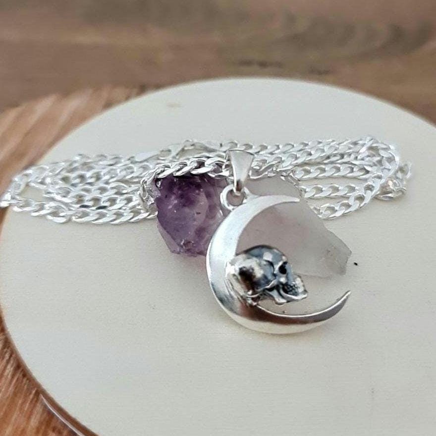 Handmade Gothic Sterling Silver Skull Moon Pendant Necklace