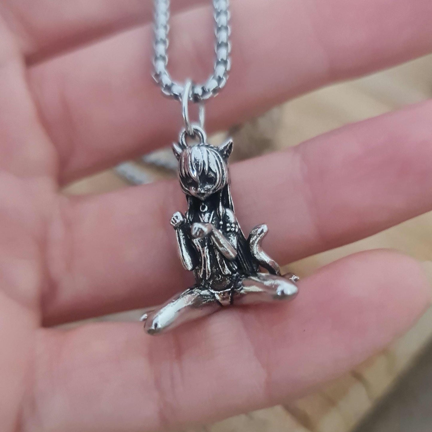 Anime Catgirl Pewter Necklace: Art Deco Cosplay Jewelry