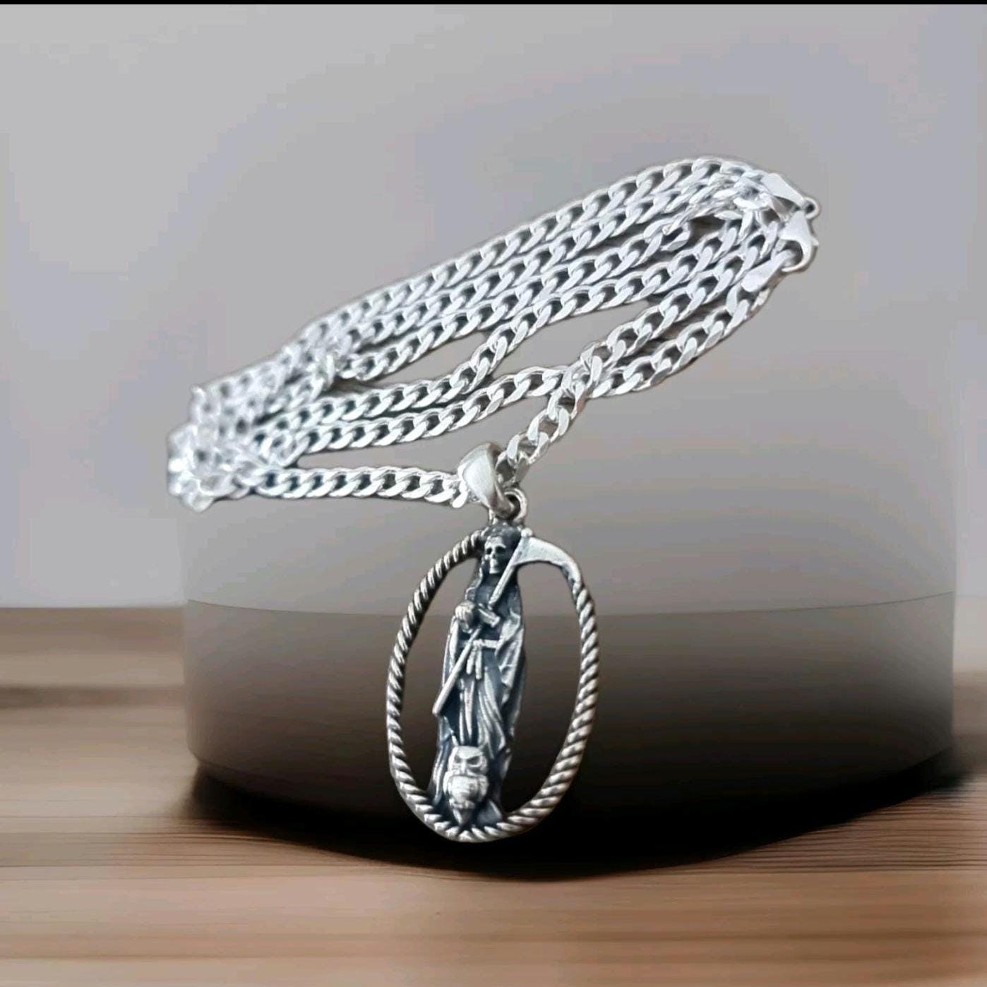 Handmade 925 Silver Santa Muerte Scythe Pendant Necklace: Gothic Style
