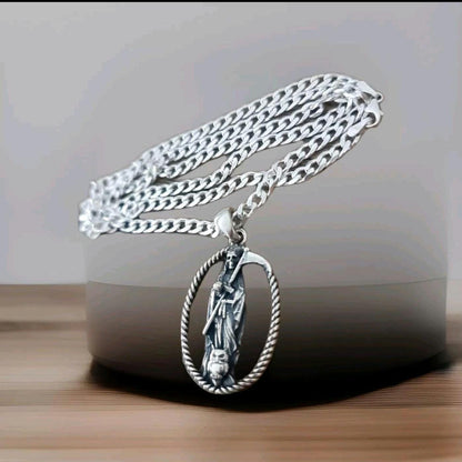 Handmade 925 Silver Santa Muerte Scythe Pendant Necklace: Gothic Style