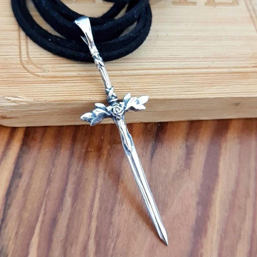 Sterling Silver Blue Rose Sword Pendant: Anime Fantasy Jewelry