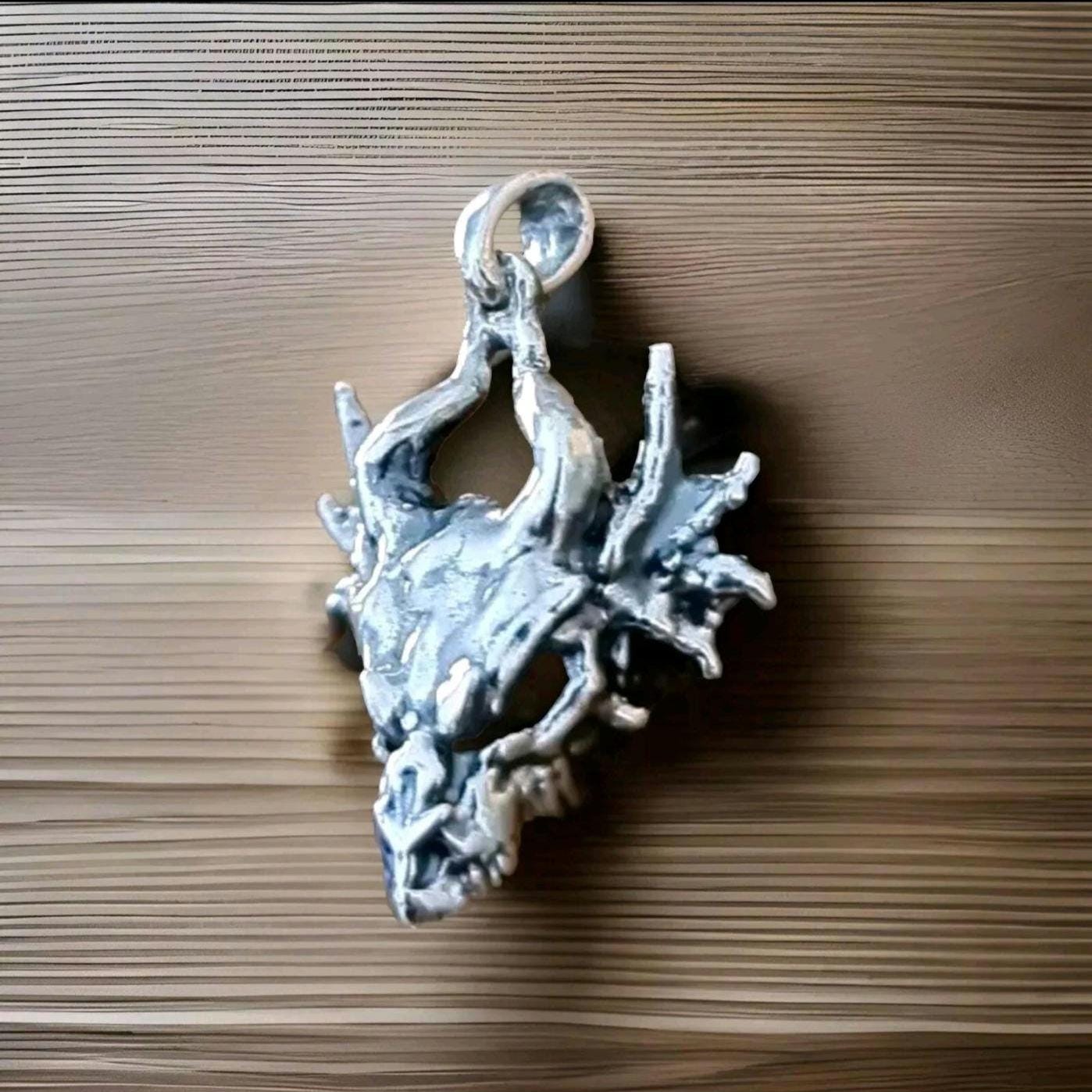 Handmade Sterling Silver Dragon Skull Pendant: Gothic Fantasy Jewelry