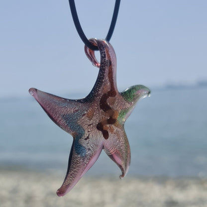 Oversized Murano Glass Starfish Pendant Necklace: Millefiori Glass