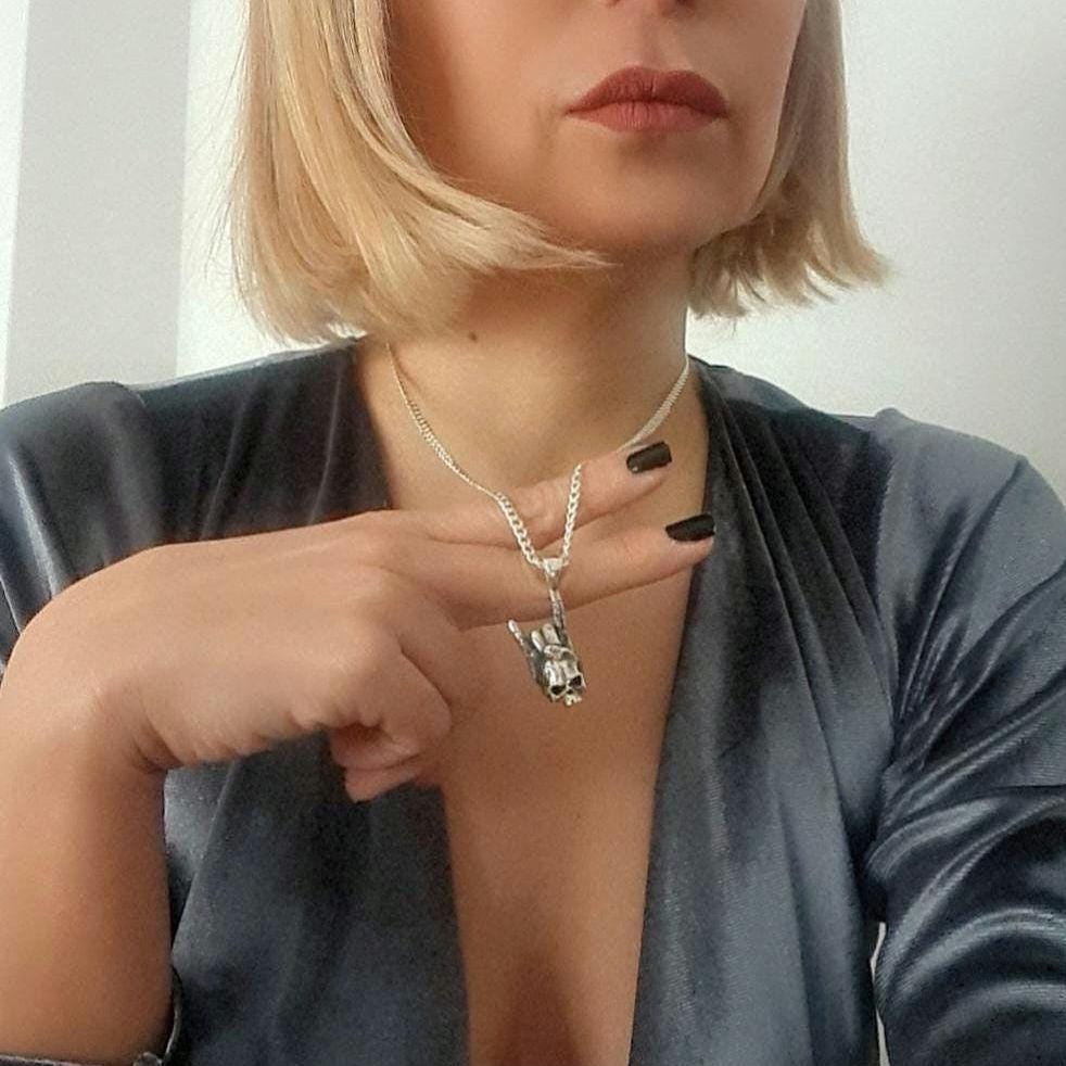 Sterling Silver Rock On Skull Pendant: Punk Gothic Jewelry