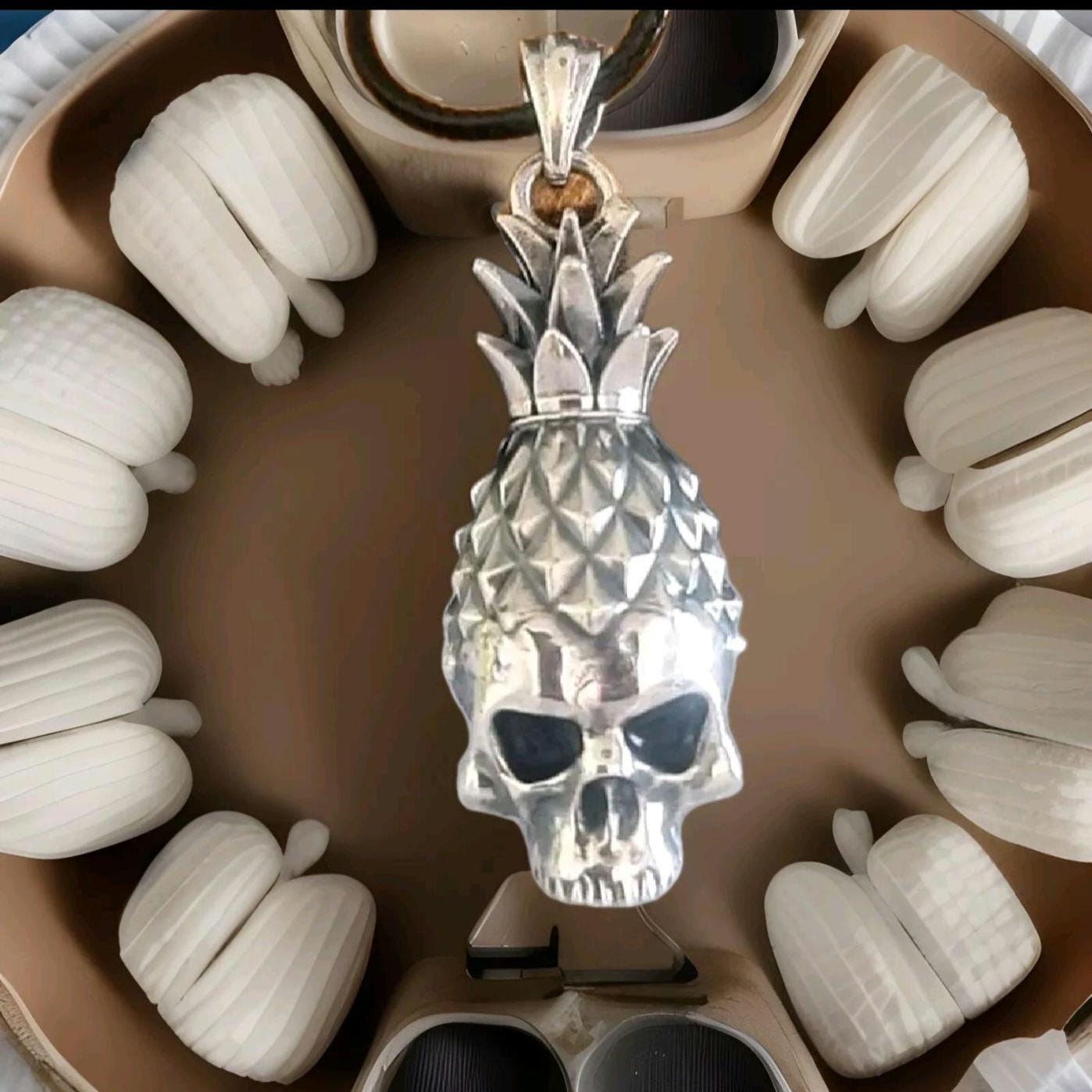 Handmade Gothic Sterling Silver Pineapple Skull Pendant