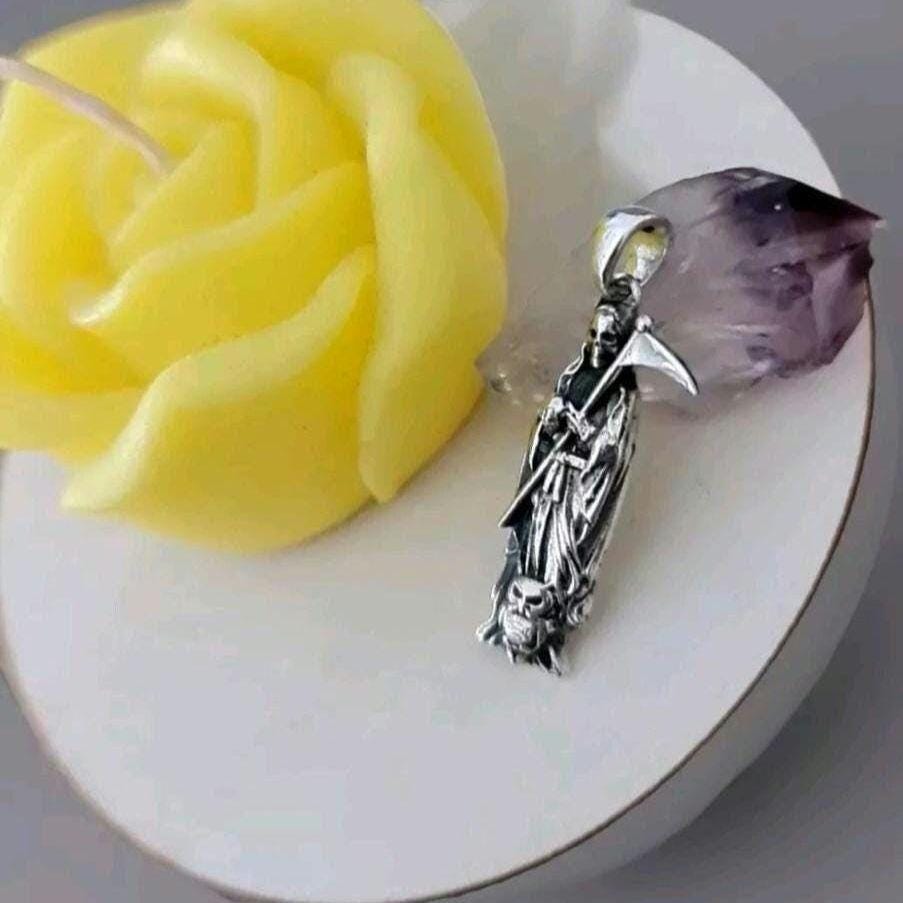 Handmade 925 Silver Santa Muerte Scythe Necklace: Gothic Grim Reaper Pendant