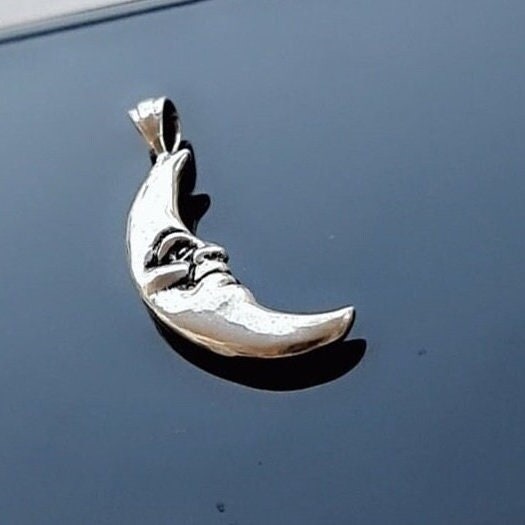 Crescent Moon Face Pendant  925 Sterling Silver - Unique Handcrafted