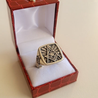 Masonic Square and Compass Symbol Ring - Solid Freemasonry Emblem for Men -925 Sterling Silver -