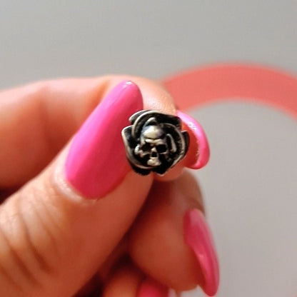 Roses and Skulls Stud Earrings - Gothic Style - Sterling Silver -