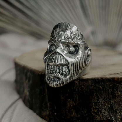 Handmade Sterling Silver Iron Maiden Eddie Skull Ring - Biker Punk Rock