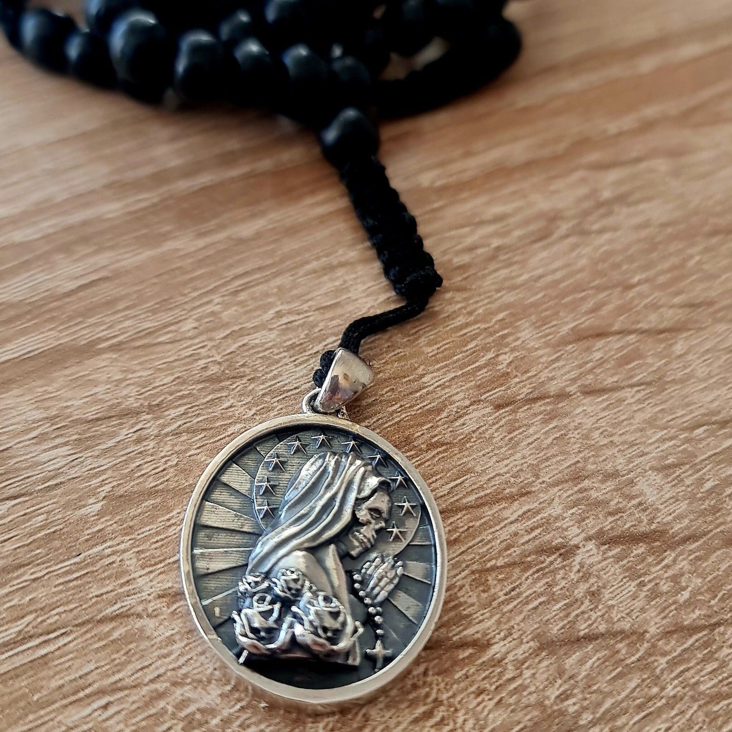 Handmade Santa Muerte Rosary Necklace: 925 Silver Praying Pendant