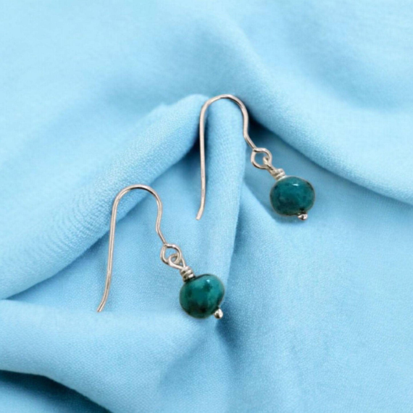 Natural Turquoise Bead Dangle Earrings – Sterling Silver Hook Earrings – Genuine Stone with Unique Matrix