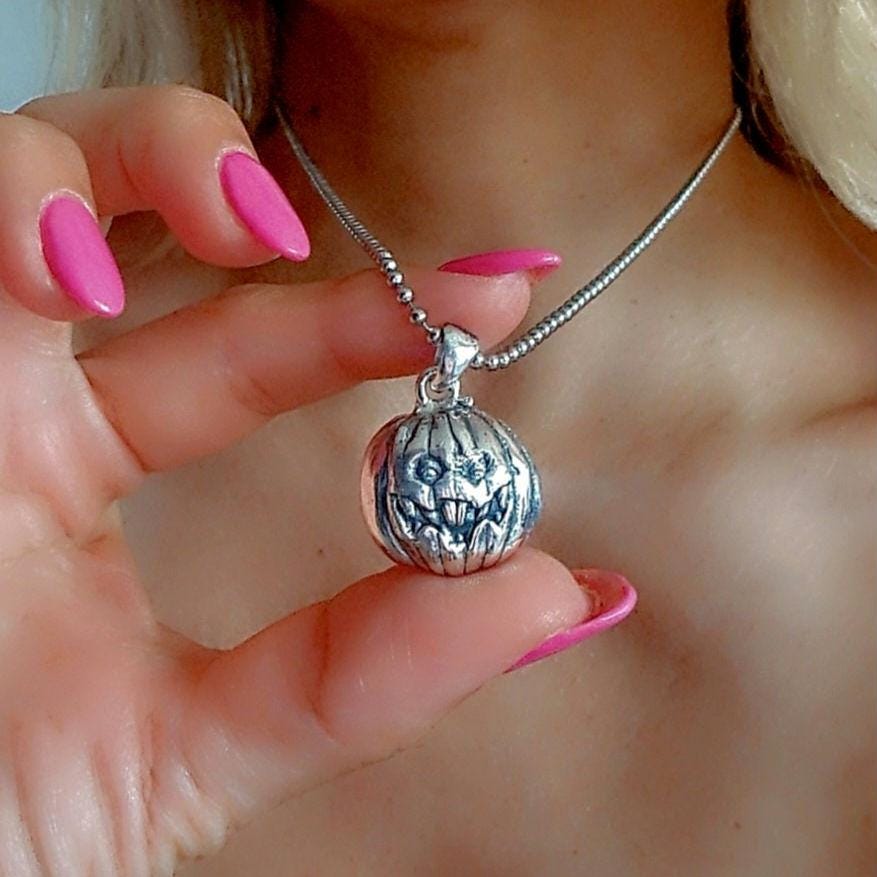 Jack-o'-Lantern Pumpkin Pendant -Spooky  Halloween Jewelry- Handmade Sterling Silver-
