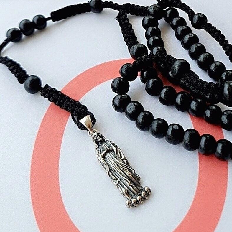 Handmade 925 Silver Santa Muerte Rosary Necklace: Gothic Grim Reaper