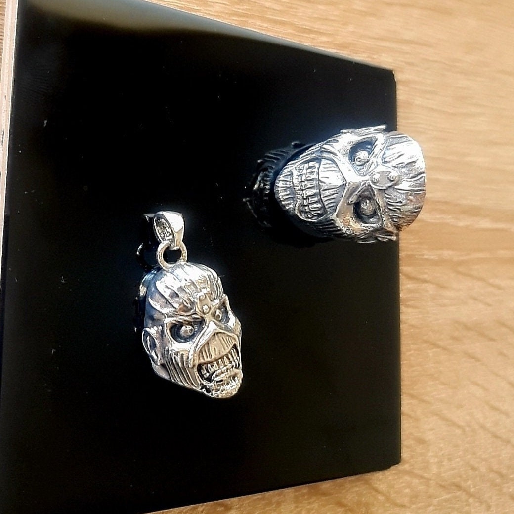 Handmade Sterling Silver IronMaiden Eddie Skull Pendant: Biker Rock Jewelry