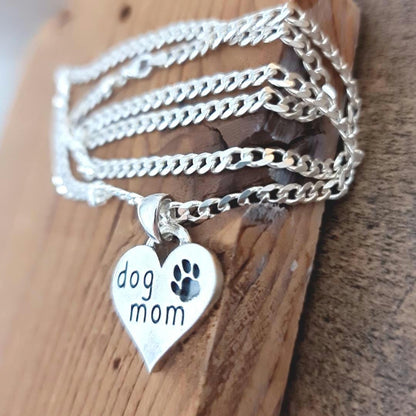 Handmade Sterling Silver Dog Mom Heart Pendant - Paw Engraving