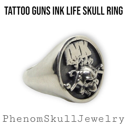 Tattoo Guns "Ink Life"-inspired Ring - Handmade Skull Ring - Crafted in 925 Sterling Silver