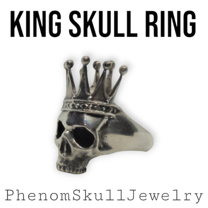 Handmade 925 Silver Skull Ring with Crown: Gothic Biker Jewelry