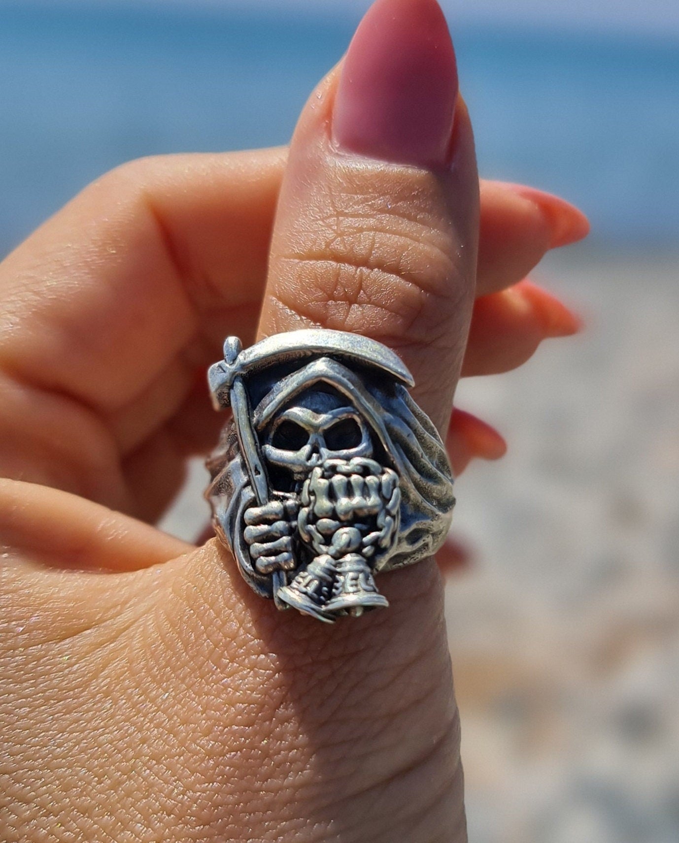 Handmade Sterling Silver Grim Reaper Scythe Ring: Gothic Skull Jewelry