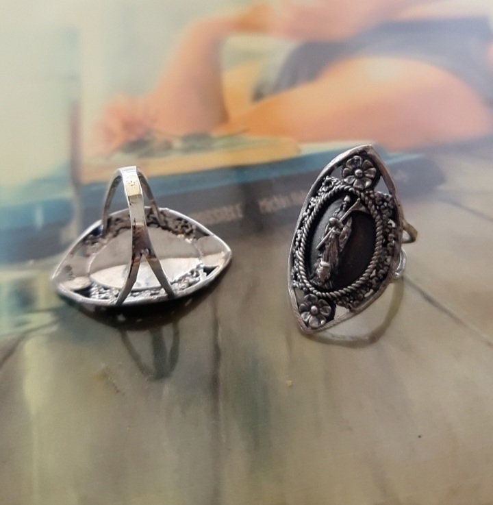 Santa Muerte Ring 925 Sterling Silver -Saint Death Ring with flowers & Scythe