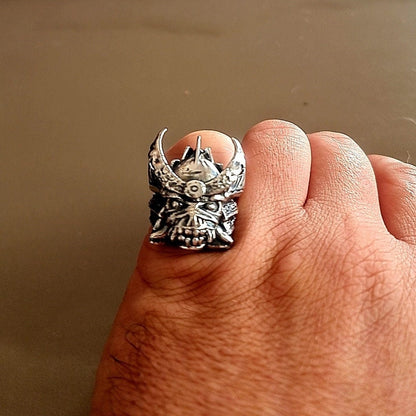Handmade Sterling Silver Eddie Samurai Skull Ring - Gothic Biker Jewelry