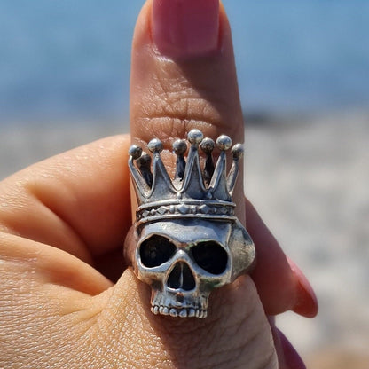 Handmade 925 Silver Skull Ring with Crown: Gothic Biker Jewelry