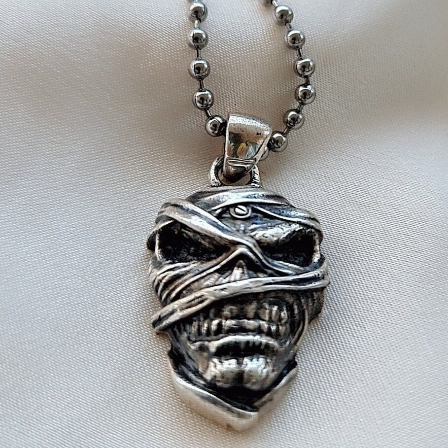 Handmade Sterling Silver Mummy Skull Pendant: Rocker Jewelry